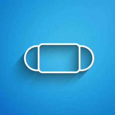 Beyaz çizgi tıbbi koruyucu maske ikonu mavi arka planda izole edildi. Uzun gölge. Vektör İllüstrasyonu