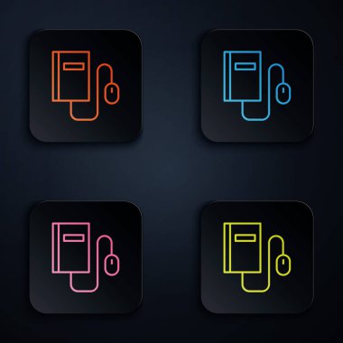 Fare simgesinin siyah arkaplanda izole edildiği renkli neon hattı Elektronik kitabı. Çevrimiçi eğitim kavramı. E-kitap rozet ikonu. Kare düğmelere simgeleri yerleştir. Vektör İllüstrasyonu