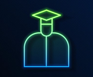 Parlayan neon hattı Öğrenci simgesi mavi arkaplanda izole edildi. Vektör İllüstrasyonu
