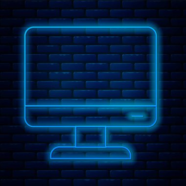 Parlayan neon hattı bilgisayar ekranı simgesi tuğla duvar arka planında izole edildi. Elektronik cihaz. Ön manzara. Vektör İllüstrasyonu