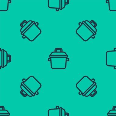 Mavi çizgili tencere ikonu yeşil arka planda izole edilmiş kusursuz desen. Haşlama ya da güveç besin sembolü. Vektör