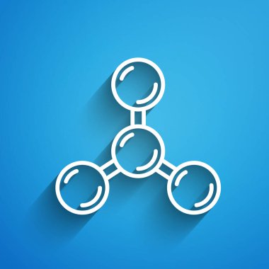 Beyaz çizgi Molekül simgesi mavi arkaplanda izole edildi. Kimya moleküllerinin yapısı, fen öğretmenlerinin yenilikçi eğitim posteri. Uzun gölge. Vektör