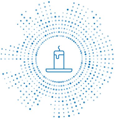 Mavi çizgi yanan mum simgesi beyaz arkaplanda izole edildi. Silindirik mum çubuğu ve yanan ateş. Soyut çember rastgele noktalar. Vektör