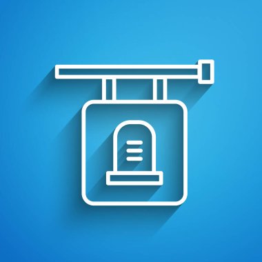 Beyaz çizgili mezar taşı simgesi mavi arkaplanda izole edildi. Uzun gölge. Vektör