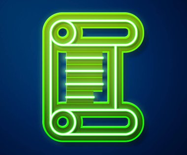 Parlayan neon çizgisi KHK, kağıt, parşömen, parşömen simgesi mavi arkaplanda izole edilmiş. Vektör