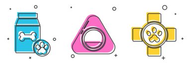 Evcil hayvan, evcil hayvan yatağı ve veterinerlik kliniği simgesi için yiyecek seti. Vektör