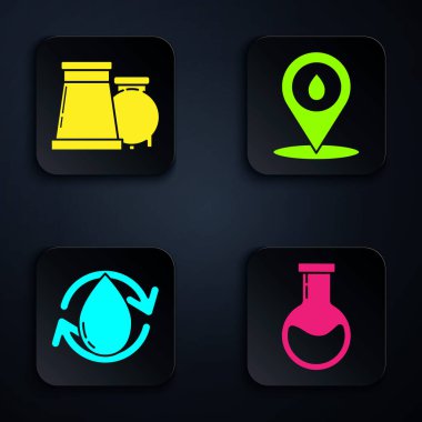 Test tüpü ve matara, petrol ve gaz endüstriyel fabrika binası, petrol bırakma ve yakıt doldurma konumunu ayarlayın. Siyah kare düğme. Vektör