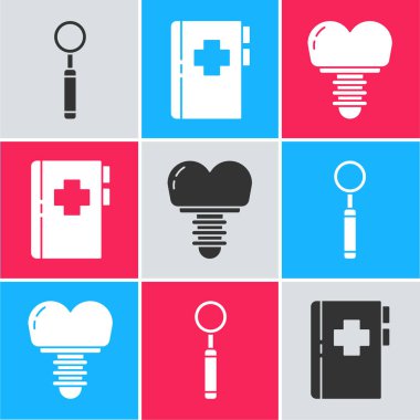 Diş muayenesi aynasını, diş kartı ve diş implantı simgesiyle panoyu ayarla. Vektör