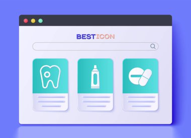 Diş macunu tüpü, diş fırçası, ilaç hapı ya da tablet ikonu. Vektör