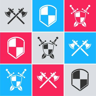 Orta Çağ baltalarını, kalkanları ve ortaçağ kalkanlarını çapraz kılıç simgesiyle ayarla. Vektör