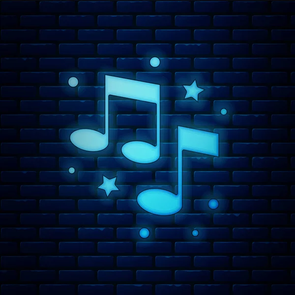 Glowing Neon Music Note Tone Icon Isolated Brick Wall Background — Stock Vector