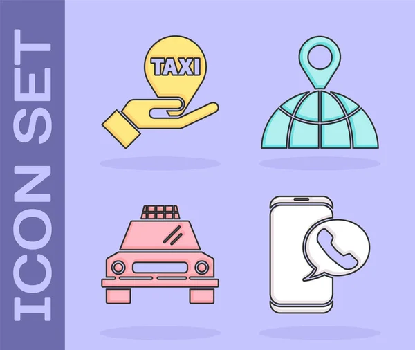 Setzen Sie Taxitelefon Kartenzeiger Mit Taxi Taxiauto Und Standort Auf — Stockvektor