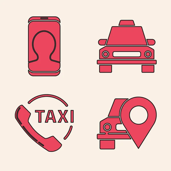 Setzen Sie Den Kartenzeiger Mit Taxi Taxitelefon Taxiauto Und Taxitelefon — Stockvektor
