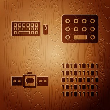 İkili kod, klavye ve fare, Smartwatch ve hapları tahta zemine yerleştirin. Vektör