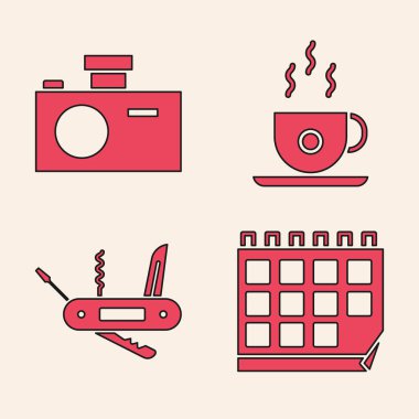 Takvim, fotoğraf makinesi, kahve fincanı ve İsviçre çakısı ikonu. Vektör
