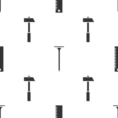 Cetvel, Metalik çivi ve Çekiç 'i kusursuz desene ayarlayın. Vektör