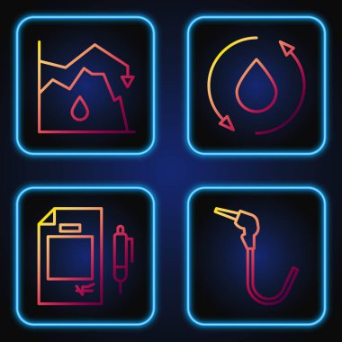 Hat benzin pompası enjektörünü, kontrat parasını ve kalemini ayarla ham petrol fiyatını düşür ve petrol düşür. Renk simgeleri. Vektör