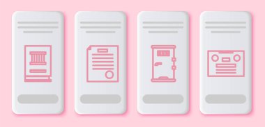 Satır hukuku, tutuklama emri, hapishane kapısı ve Retro ses kaseti. Beyaz dikdörtgen düğme. Vektör