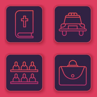 Kutsal kitap, jüri, polis arabası, teşhirci ve evrak çantası. Mavi kare düğme. Vektör