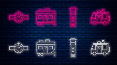 Rv Kamp karavanı, el feneri, bilek saati ve karavan. Tuğla duvarda parlayan neon simgesi. Vektör
