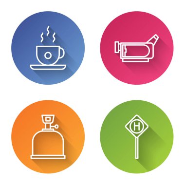 Set hattı kahve fincanı, sinema kamerası, kamp gaz ocağı ve park yeri. Renkli daire düğmesi. Vektör