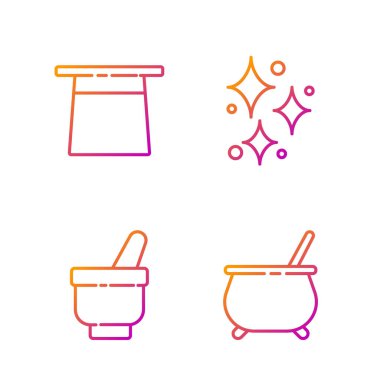 Cadı kazanı, sihirli havan ve tokmak, sihirli parıltılı sihirbaz şapkası ve parıldayan yıldızlar. Renk simgeleri. Vektör