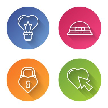 Kalp şeklini bir ampulde ayarla, zarif kadın şapkası, kalp ve kalp şeklinde bir Castle ve imleç tıkırtısı. Renkli daire düğmesi. Vektör