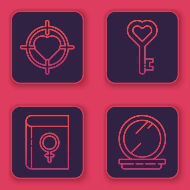 Hedefin ortasına Heart 'ı, kadınları konu alan kitabı, kalp şeklindeki anahtarı ve aynalı makyaj tozunu yerleştir. Mavi kare düğme. Vektör