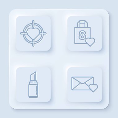 Hedefin ortasına Heart 'ı, kalbi olan alışveriş torbasını, ruju ve zarfı 8 Mart' ta yerleştirin. Beyaz kare düğme. Vektör