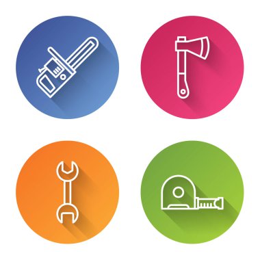 Demir testeresi, tahta balta, İngiliz anahtarı ve rulet inşaatı. Renkli daire düğmesi. Vektör