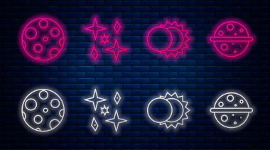 Çizgi Gezegen, Güneş tutulması, Ay ve Venüs Gezegeni. Tuğla duvarda parlayan neon simgesi. Vektör