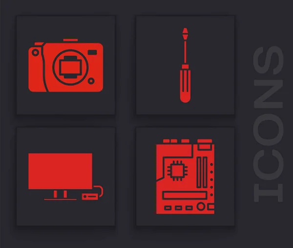 Set Motherboard Mirrorless Camera Screwdriver Smart Icon Vector — Archivo Imágenes Vectoriales