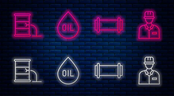采购产品设置线油滴 工业管道 桶油泄漏和油门 砖墙上闪烁着霓虹灯图标 — 图库矢量图片