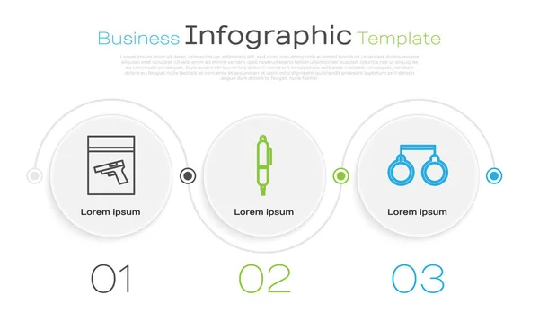 Definir Linha Evidência Saco Pistola Arma Caneta Algemas Modelo Infográfico — Vetor de Stock