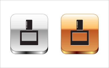 Beyaz arkaplanda siyah tıraş losyonu ikonu var. Parfüm spreyi ikonu. Erkek parfüm şişesi. Gümüş-altın kare düğme. Vektör İllüstrasyonu