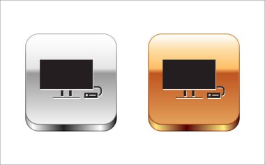 Siyah Smart Tv simgesi beyaz arka planda yalıtılmış. Televizyon tabelası. Gümüş-altın kare düğme. Vektör İllüstrasyonu