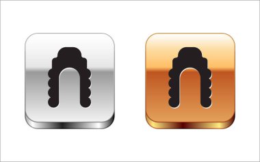 Siyah yargıç peruk ikonu beyaz arka planda izole edilmiş. Ortaçağ tarzı antika. Gümüş-altın kare düğme. Vektör İllüstrasyonu