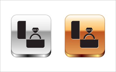 Siyah Elmas nişan yüzüğü ikonu beyaz arkaplanda izole edilmiş. Gümüş-altın kare düğme. Vektör İllüstrasyonu