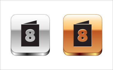 Beyaz arka planda 8 Mart simgesi olan siyah tebrik kartı. Uluslararası Mutlu Kadınlar Günü. Gümüş-altın kare düğme. Vektör İllüstrasyonu