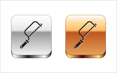 Siyah Demir Testere simgesi beyaz arkaplanda izole edildi. Tahta ve metal testeresi. Gümüş-altın kare düğme. Vektör İllüstrasyonu