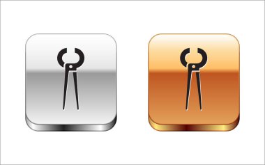 Beyaz arka planda siyah kıskaç ve kerpeten simgesi var. Kıskaçlar endüstri mekanik tesisat aletini çalıştırır. Gümüş-altın kare düğme. Vektör İllüstrasyonu