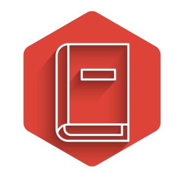 Beyaz çizgi Kullanıcı elle simgesi uzun gölgeyle izole edildi. Kullanıcı rehberi kitabı. Talimat işareti. Kullanmadan önce oku. Kırmızı altıgen düğmesi. Vektör İllüstrasyonu