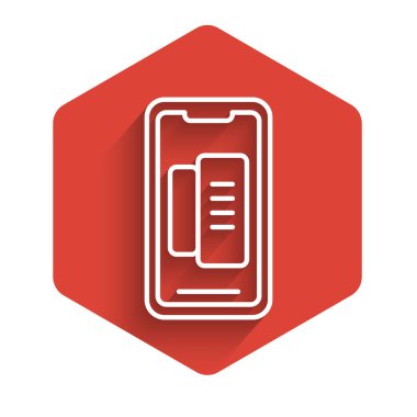 Beyaz çizgili akıllı telefon, uzun gölgeli cep telefonu simgesi. Kırmızı altıgen düğmesi. Vektör İllüstrasyonu