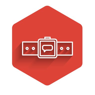 Beyaz çizgi Smartwatch simgesi uzun gölgeli izole edilmiş. Kırmızı altıgen düğmesi. Vektör İllüstrasyonu