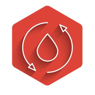 Beyaz çizgili yağ damlası ikonu uzun gölgeli izole edilmiş. Kırmızı altıgen düğmesi. Vektör İllüstrasyonu