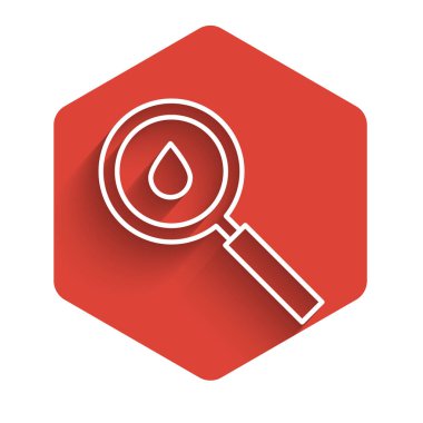 Beyaz çizgili yağ damlası ikonu uzun gölgeli izole edilmiş. Jeolojik keşif, jeoloji araştırması. Kırmızı altıgen düğmesi. Vektör İllüstrasyonu