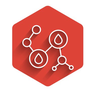 Beyaz çizgi Molekül yağı ikonu uzun gölgeli izole edilmiş. Kimya moleküllerinin yapısı. Kırmızı altıgen düğmesi. Vektör İllüstrasyonu