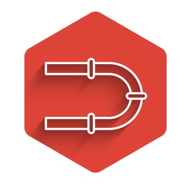 Beyaz çizgi sanayi metalik boru ikonu uzun gölgeli izole edilmiş. Kırmızı altıgen düğmesi. Vektör İllüstrasyonu