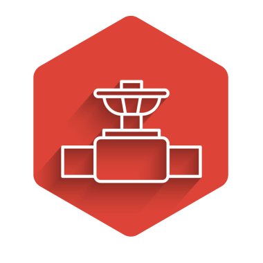 Beyaz çizgi endüstrisi metalik boru ve uzun gölgeli kapakçık ikonu. Kırmızı altıgen düğmesi. Vektör İllüstrasyonu