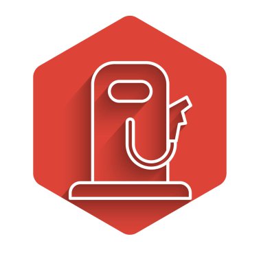 Beyaz çizgi ya da benzin istasyonu ikonu uzun gölgeli izole edilmiş. Araba yakıtı sembolü. Benzin pompası. Kırmızı altıgen düğmesi. Vektör İllüstrasyonu